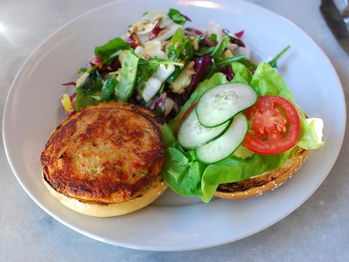 Spicy salmon burger at Santa Monica Seafood | Photo by Joshua Lurie