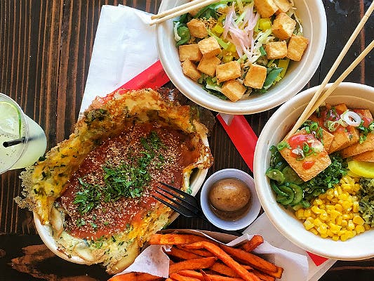 Summer dineL.A. Dinner at Lao Tao: Vegan Tian-la Tofu with Rice, Mushroom Oh Ah Jian (Taiwanese Omelette), Sweet Potato Fries, Baby Got Bok Salad, Five Spice Egg, Ginger Limeade | Instagram by @laotaostreetfood