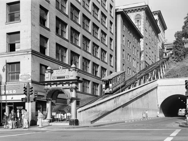 Angels Flight Lower Station, original location at 3rd & Hill (October 1960) | Photo courtesy of Wikimedia Commons